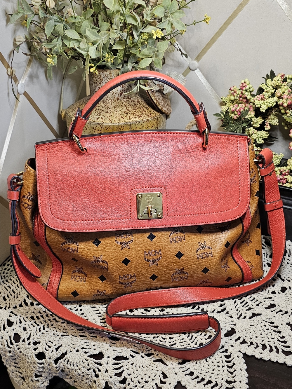 MCM Visetos Satchel Crossbody Bag.